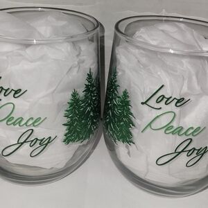 2 Piece Stemless Wine Glass Set with Green Tree (Love Peace Joy)